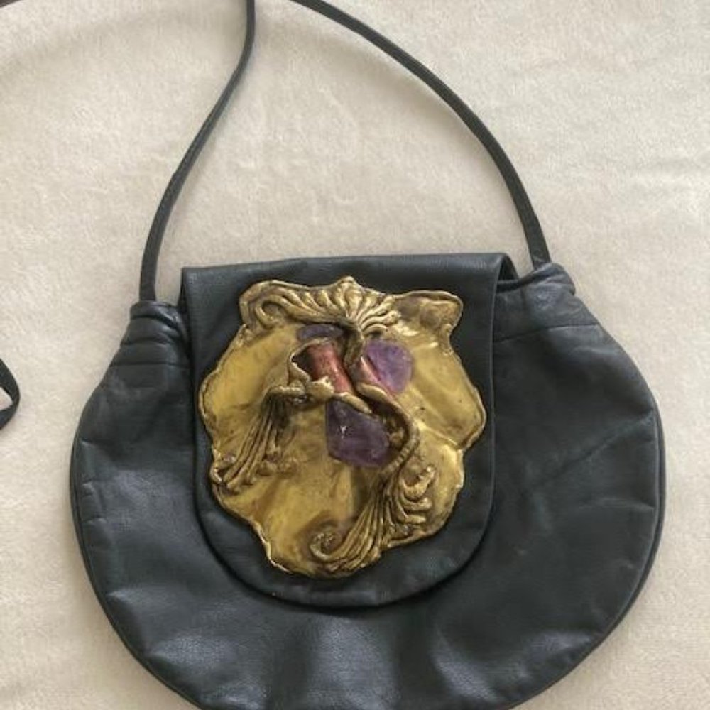 Vintage Copa Collection Brutalist Amethyst Brass Black leather 1970s bag